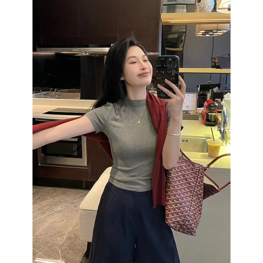 【小个子】早秋新款休闲百搭极简纯色体恤上衣-YJ9990