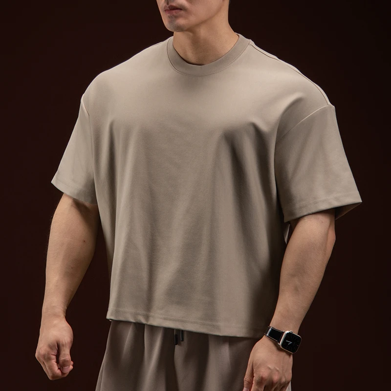 BARBRO宽松圆领短袖运动户外男士T恤大码落肩袖重磅夏季休闲半袖