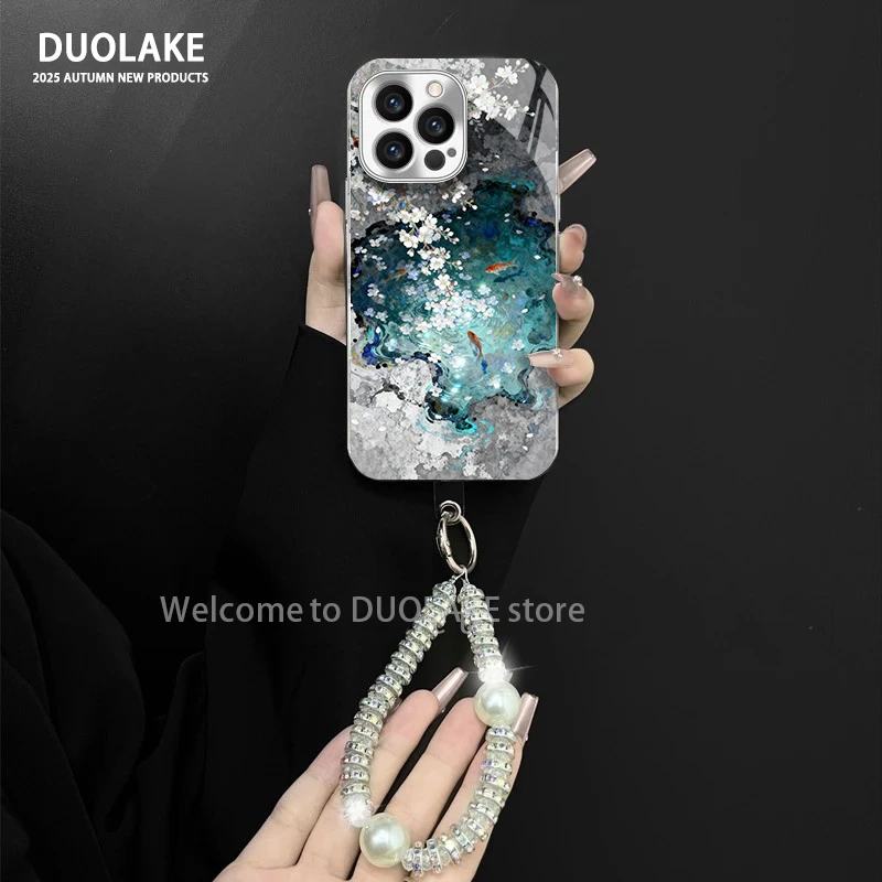 樱花锦鲤适用苹果vivo华为oppo小米iPhone17电镀玻璃防摔手机壳潮