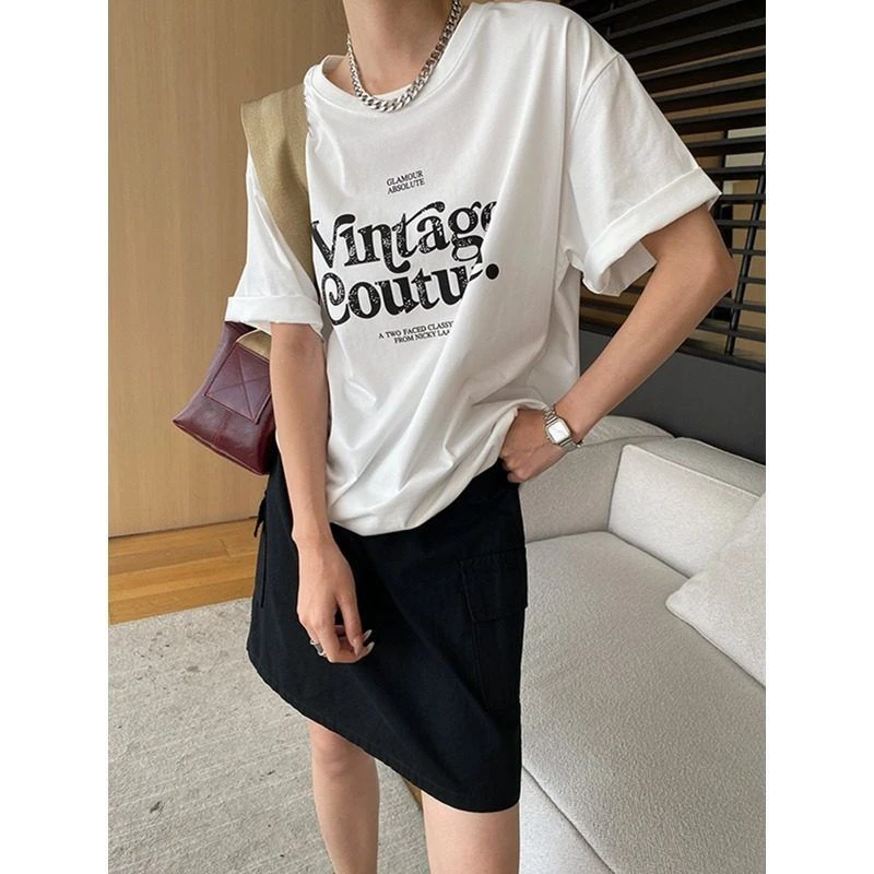 随性男友风 美式斑驳字母印花圆领宽松休闲短袖T恤 SN5854