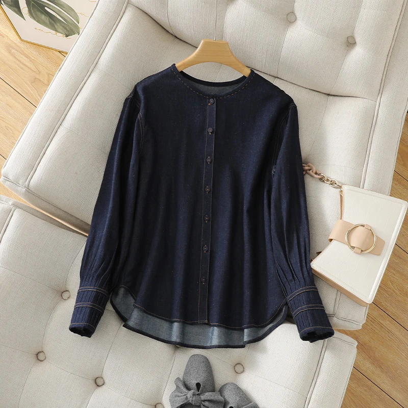 时尚复古长袖牛仔衬衫女早春新款日系宽松圆领上衣棉麻外搭衬衣