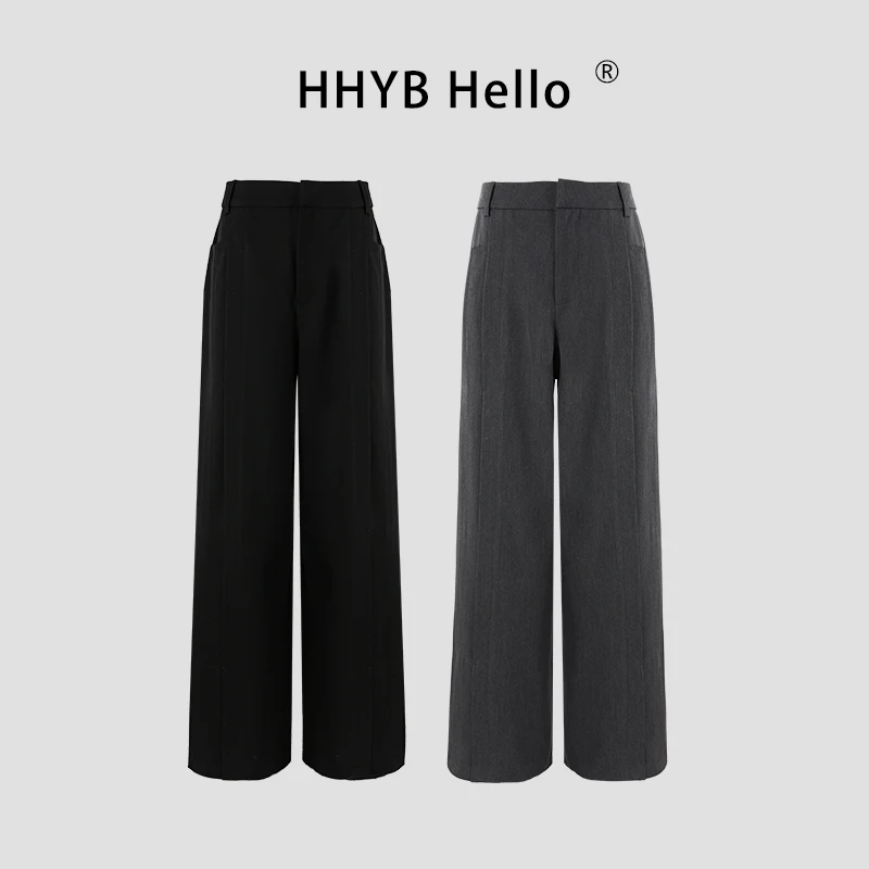 HHYB Hello2025夏季新款中腰高级压褶阔腿直筒休闲西装裤Q254185