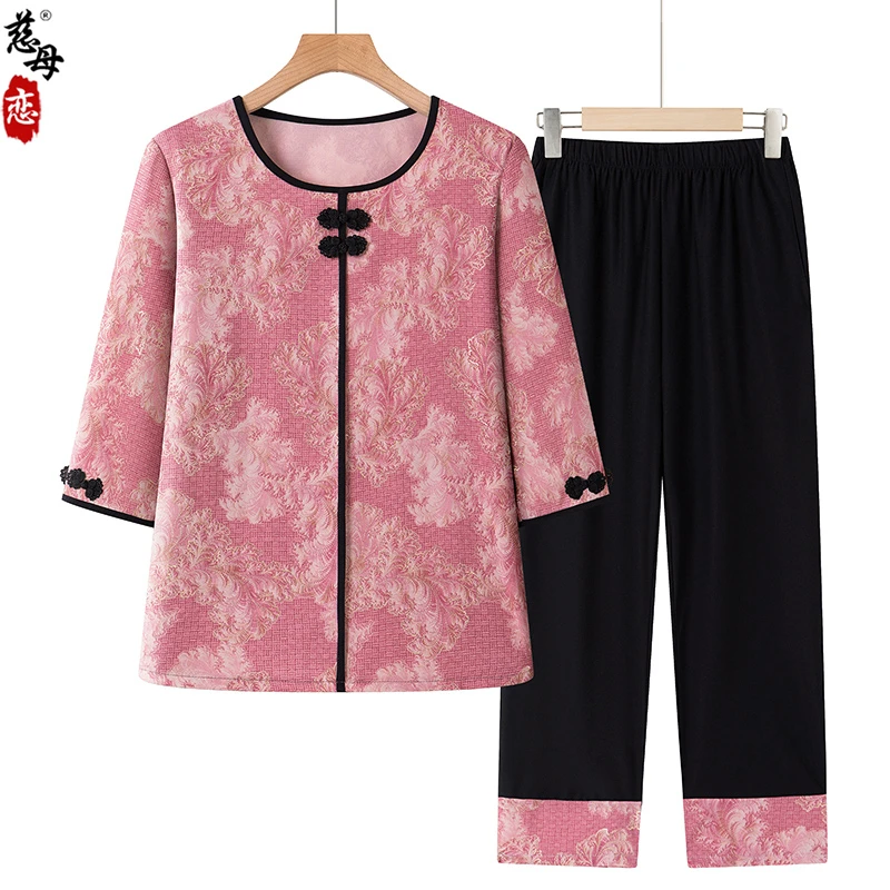 奶奶夏装套装2025新款中老年人T恤女妈妈夏季中袖衣服洋气老太太