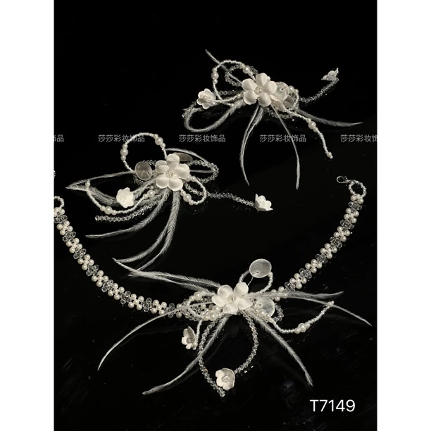 铜合金羽毛耳饰 T7149多层水晶蝴蝶结新娘晨袍礼服项链套装