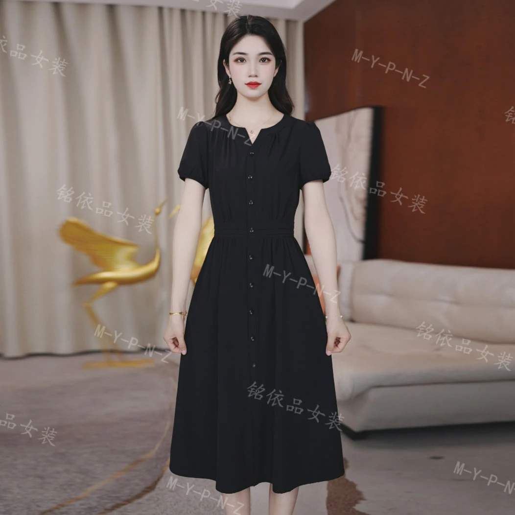 短袖显瘦气质小个子夏季黑色法式收腰赫本风显瘦气质小个子夏季