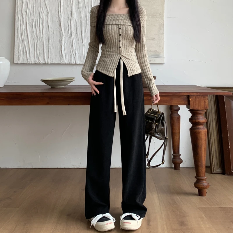 大码秋冬保暖加绒加厚阔腿裤女士胖妹妹松紧高腰显瘦直筒裤YY9784