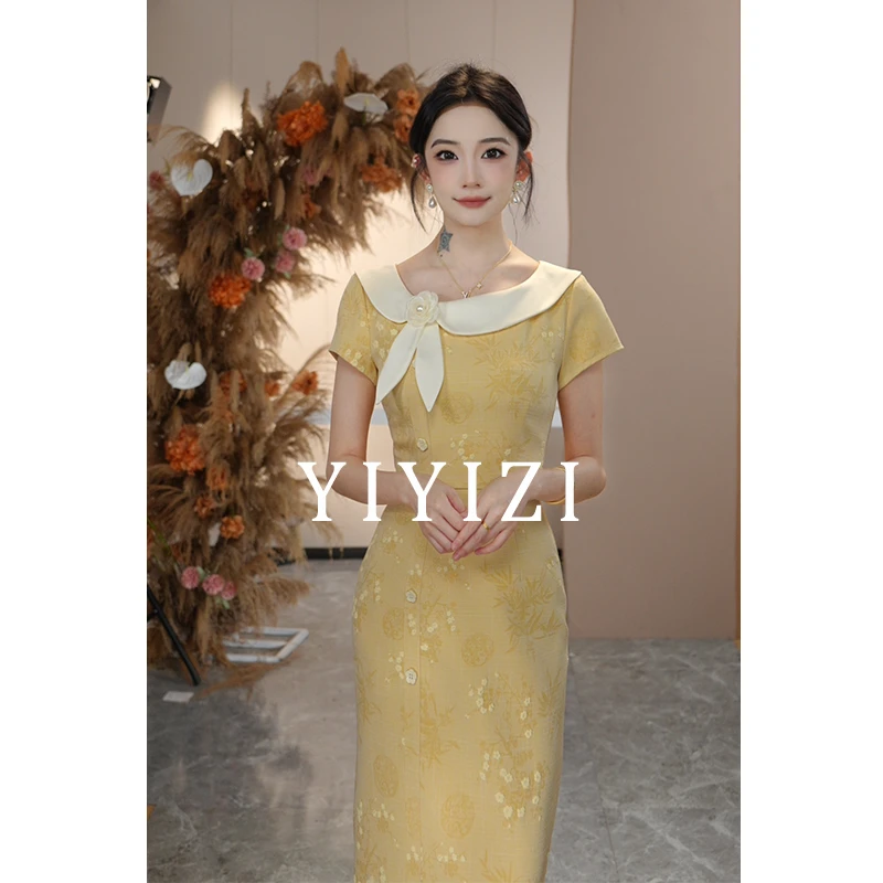 少量现货【夏夜星空】黄色一字肩连衣裙女长裙2025新款提花刺绣裙子