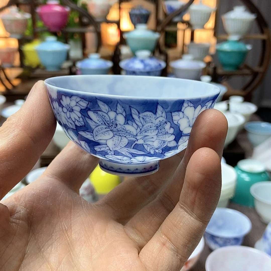 木*振微瑕脱胎瓷高温手工超薄胎瓷釉下青花万花主人杯