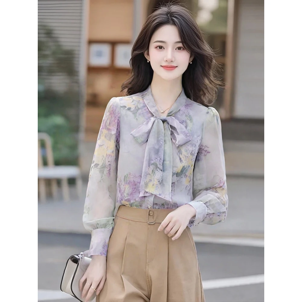 蝴蝶结紫色印花设计感薄款衬衫女高级感轻奢减龄洋气轻熟显瘦上衣