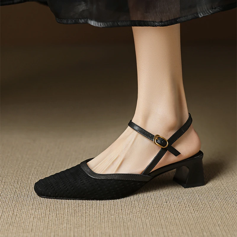 蜻蜒高质感穿搭超软包头凉鞋一字带百搭中跟法式配裙子真皮女凉鞋