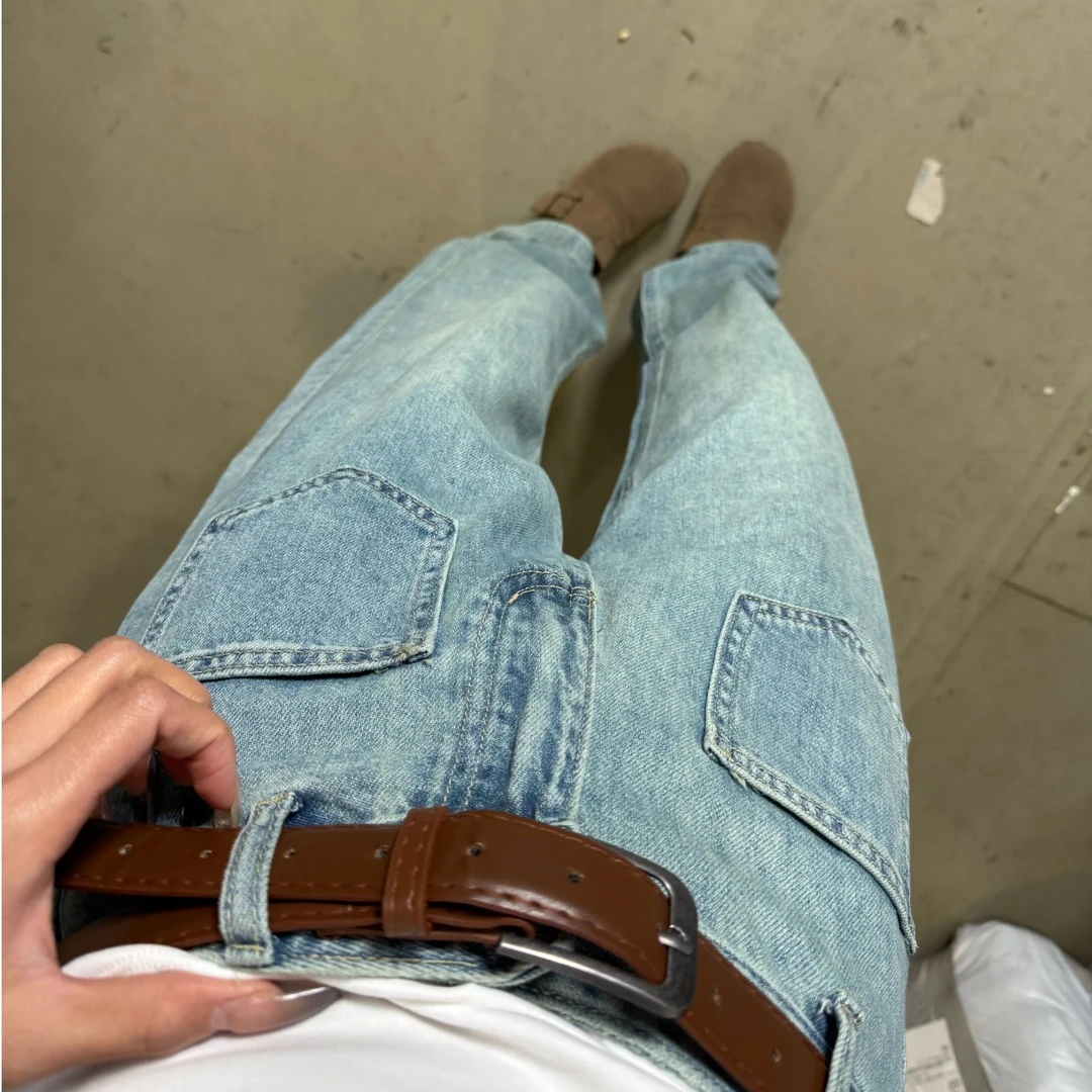 YOYO自制春夏显瘦百搭水洗两口袋牛仔拖地阔腿裤