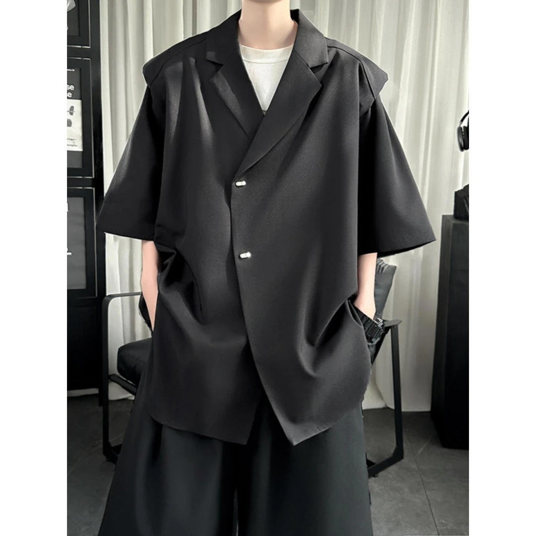 那不勒斯西装领衬衫男短袖高级感痞帅斜襟衬衣夏季假两件垫肩外套