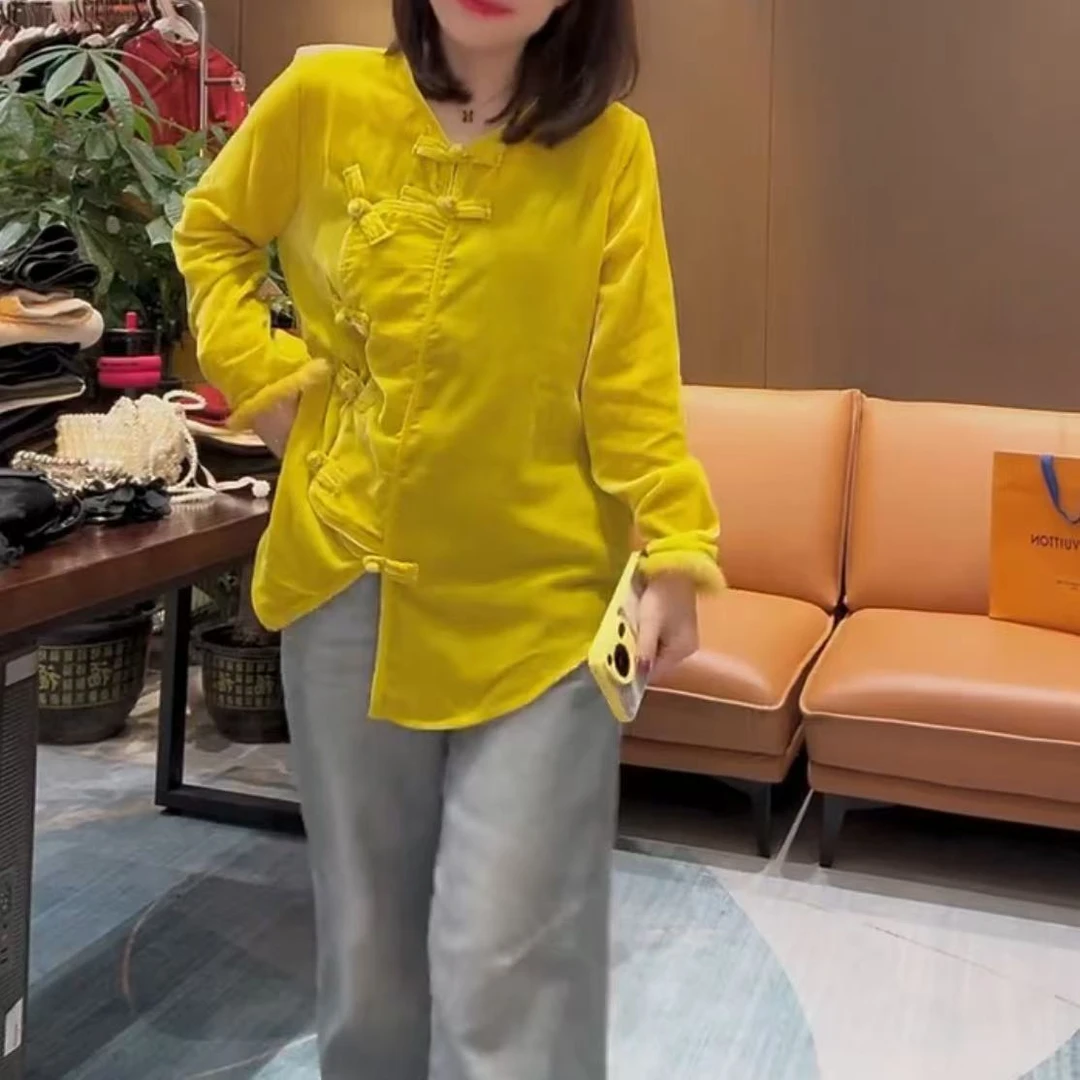 上衣网红时尚复古衬衫女装长袖显瘦气质休闲新中式国风丝绒小衫