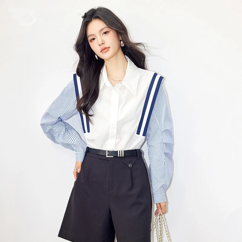 （全额运费补贴）撞色长袖显瘦衬衫女2025春季新款气质百搭条纹衬衣