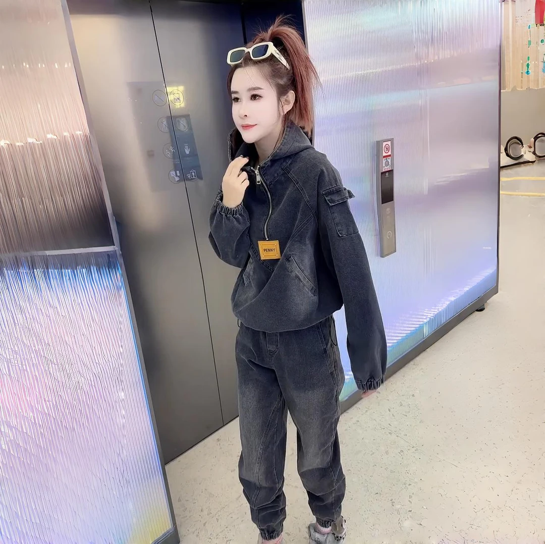 春季新款连帽牛仔套装女宽松显瘦时尚休闲两件套