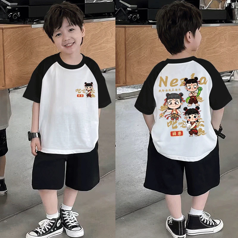 童装100%纯棉国潮卡通哪吒休闲上衣T恤夏季新款中小儿童百搭半袖T