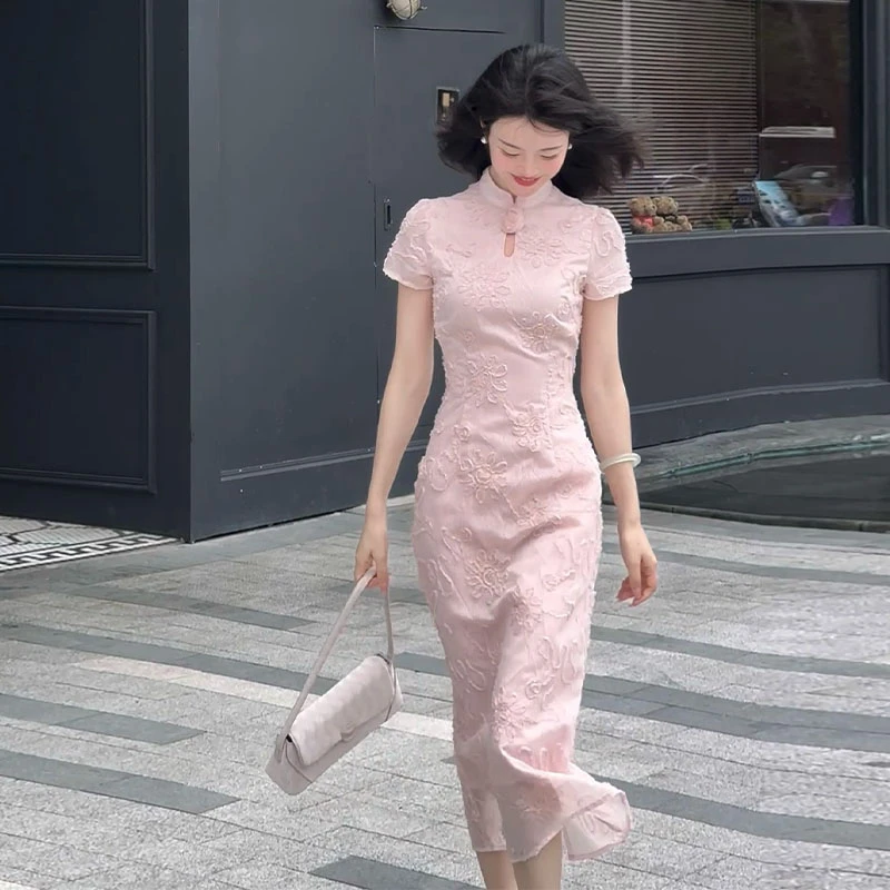 年中大促【粉黛】南溯集新中式日常少女小个子旗袍刺绣短袖连衣裙