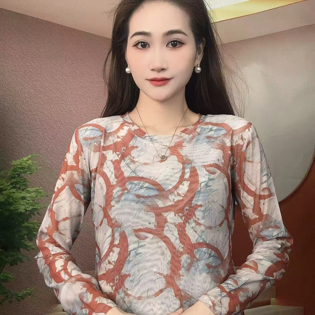 2025秋季新款长袖圆领肌肤纱时尚显瘦印花T恤上衣A504
