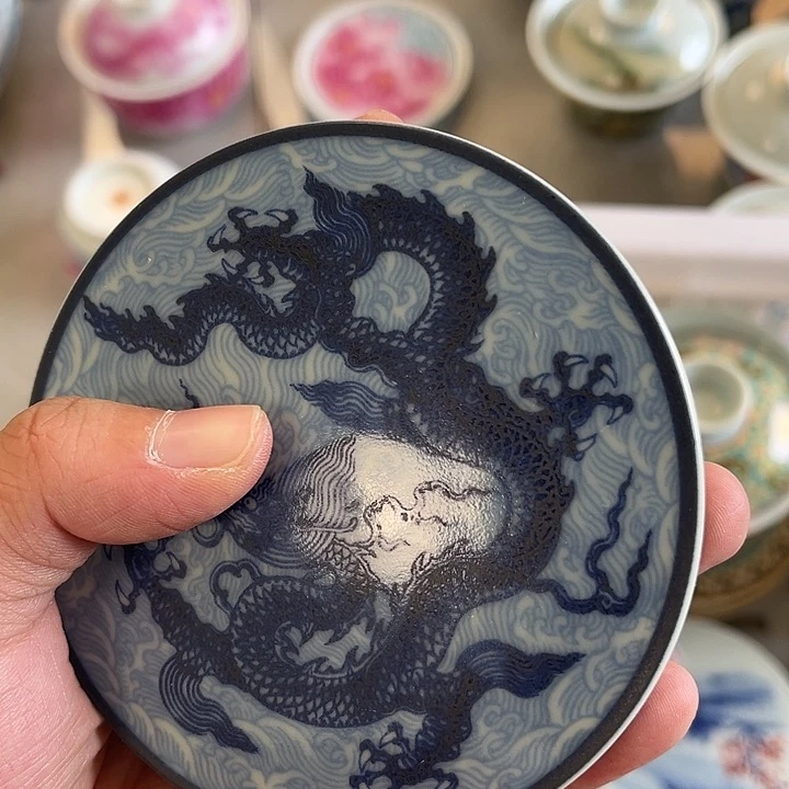 摆件景德镇青花海水龙盖置