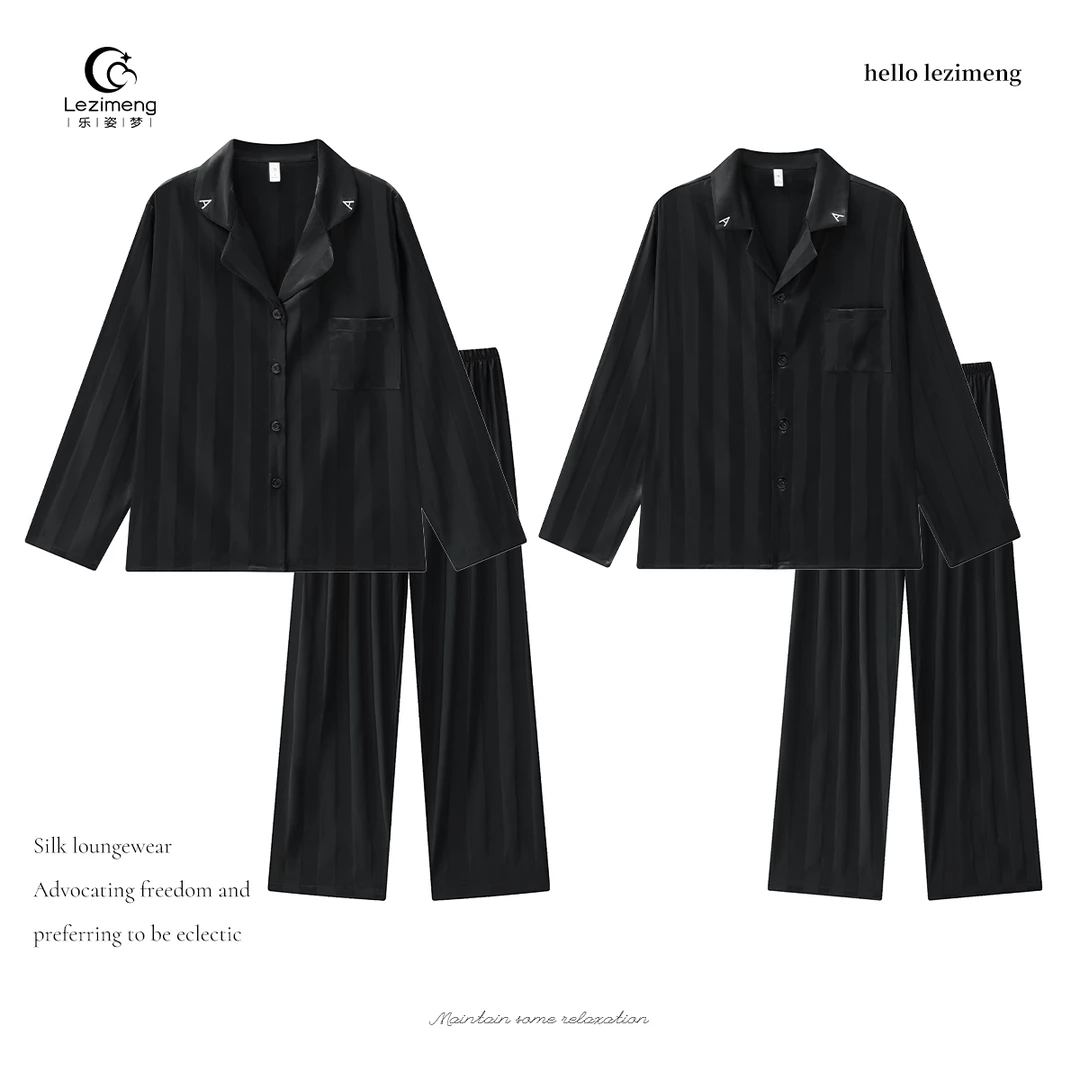 乐姿梦情侣睡衣男春秋款冰丝长袖家居服女夏季薄款黑色两件套装