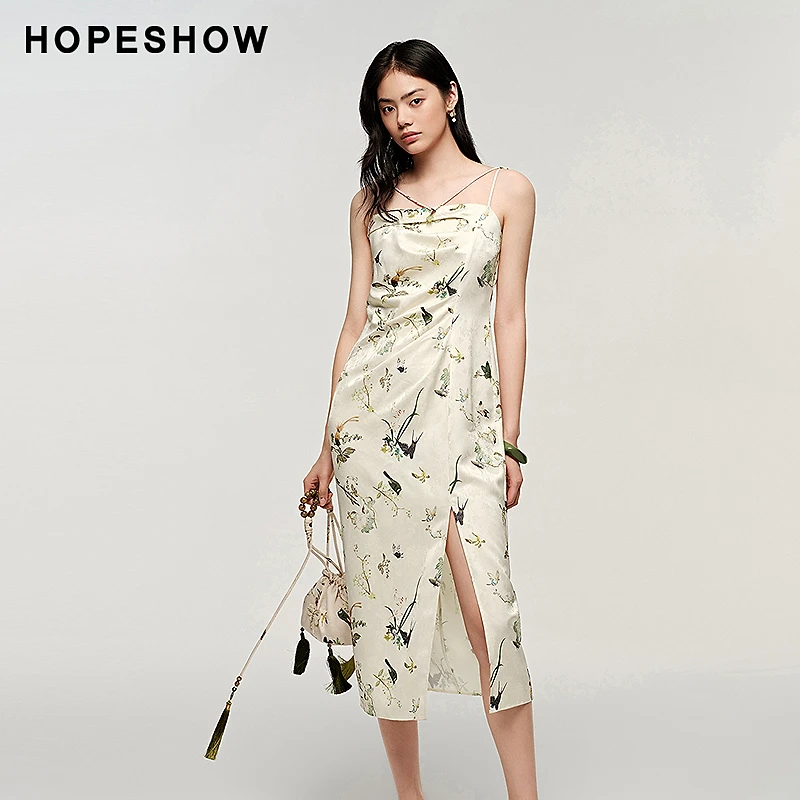 红袖2025夏季新款女装 新中式侧拉开叉吊带连衣裙89124291613