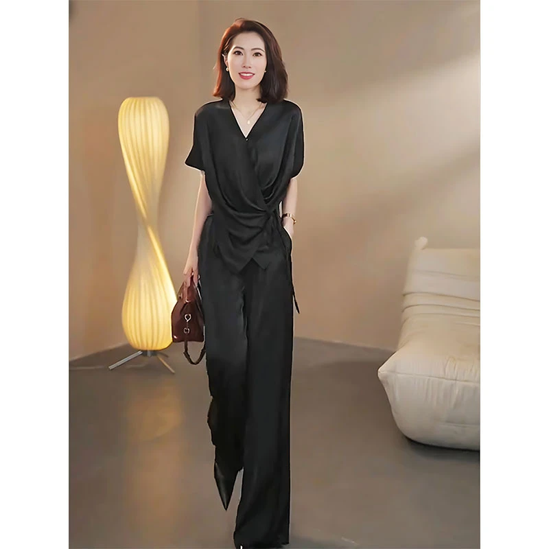 大码欧货女士套装醋酸缎面气质绑带v领上衣胖mm阔腿裤通勤两件套