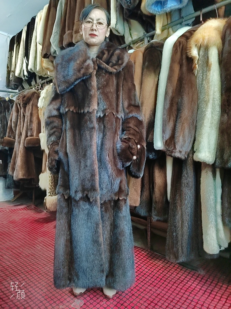 中古水貂，俄罗斯进口深密棕色长衣时装版领，长125cm胸围113cm