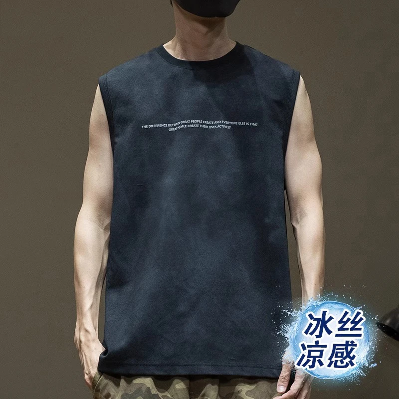 冰丝凉感无袖背心男速干坎肩夏季新款宽松大码男士云染做旧T恤潮T