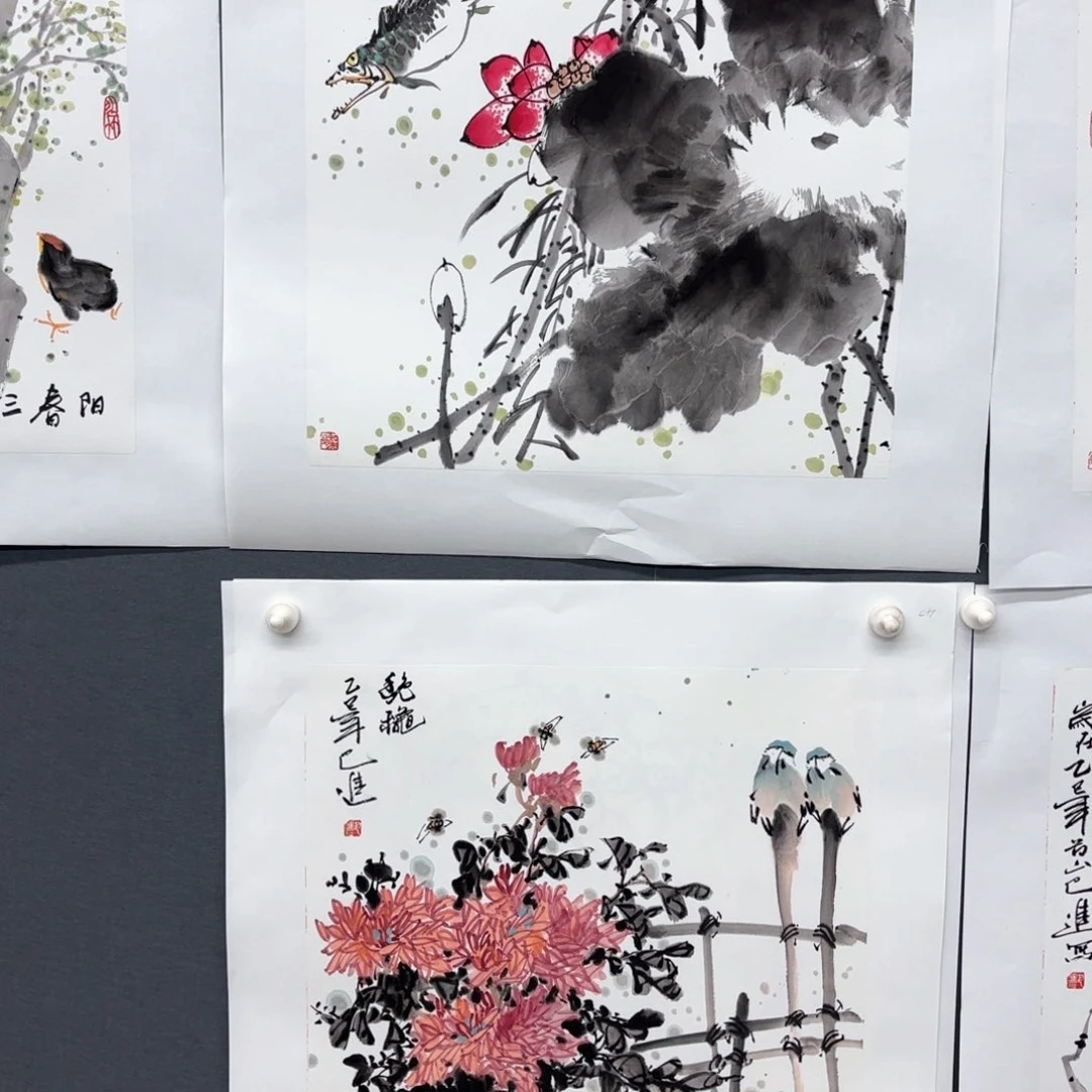 国画金****响巴进斗方花鸟两张朱