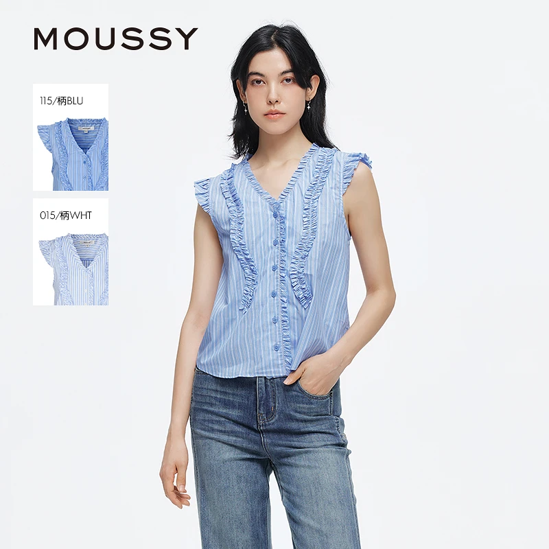MOUSSY 2025夏季新品复古港风抽褶花边无袖条纹衬衫028ISA30-3461