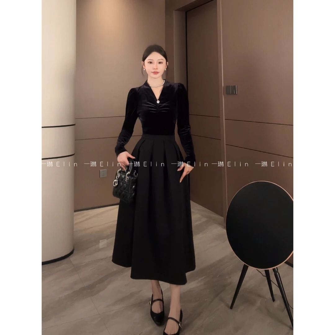 LZQ｜矜贵～时尚丝绒气质收腰显瘦黑色长袖上衣XMZH10333