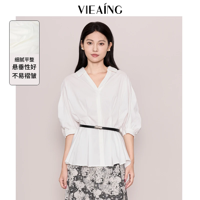 VIEA.ING薇迎白色短袖衬衫女2025夏季新款休闲衬衣泡泡袖收腰上衣