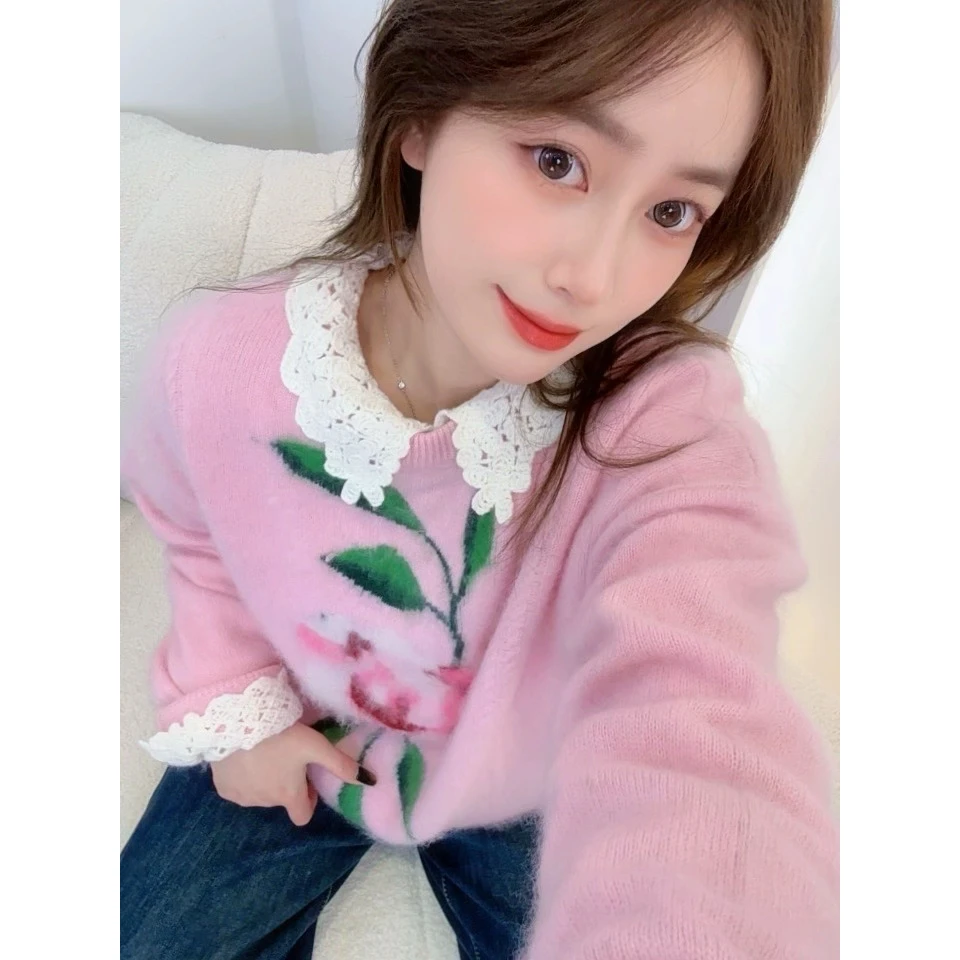 25冬季新款 羊绒羊毛拉绒花朵圆领套头-Hll