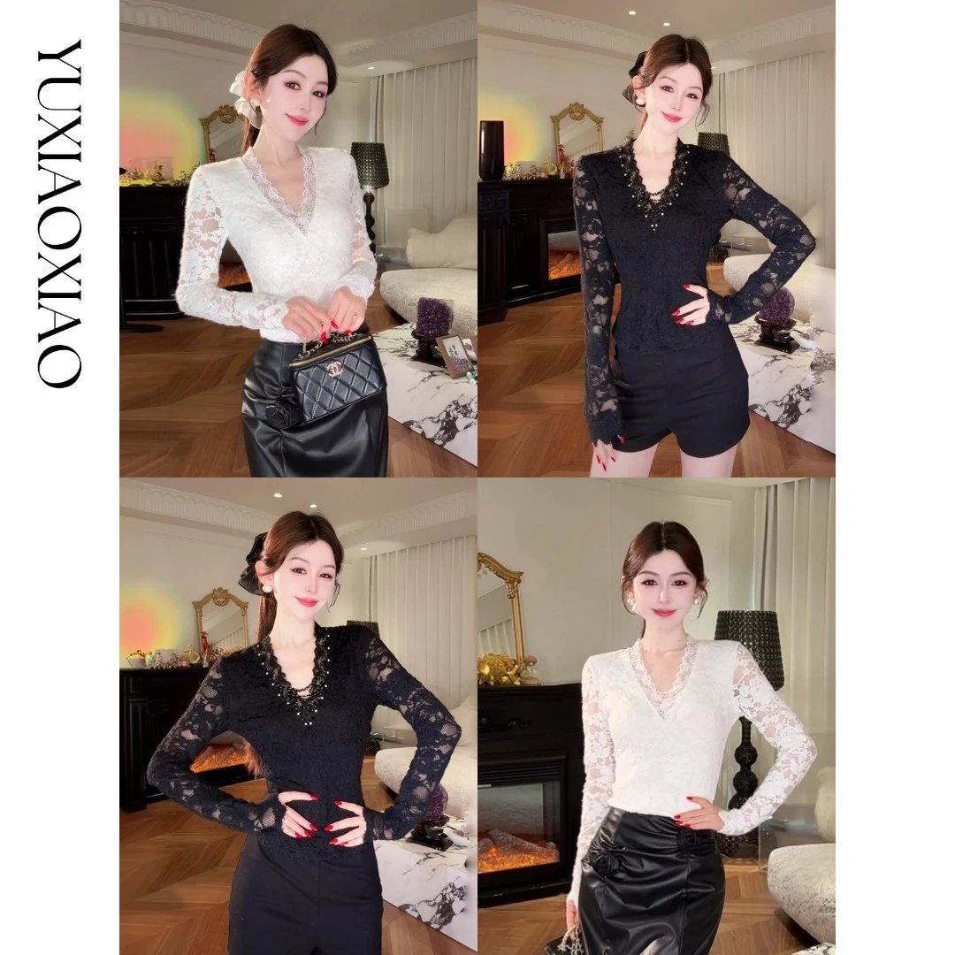 余潇潇【心动蕾丝】时尚百搭弹力精致蕾丝镂空手工钉珠显瘦打底上衣