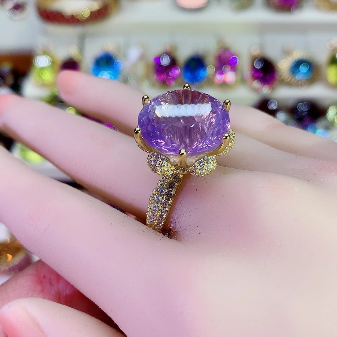 水晶戒指银S925镀金镶嵌