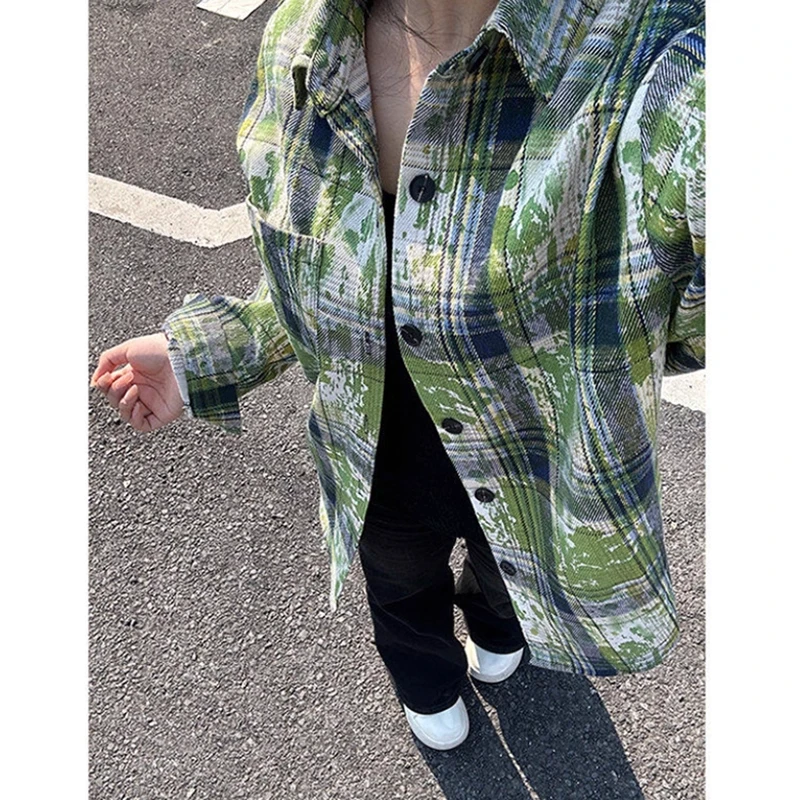 绿色扎染格子衬衫男款春秋季高级感格纹长袖衬衣宽松百搭情侣外套