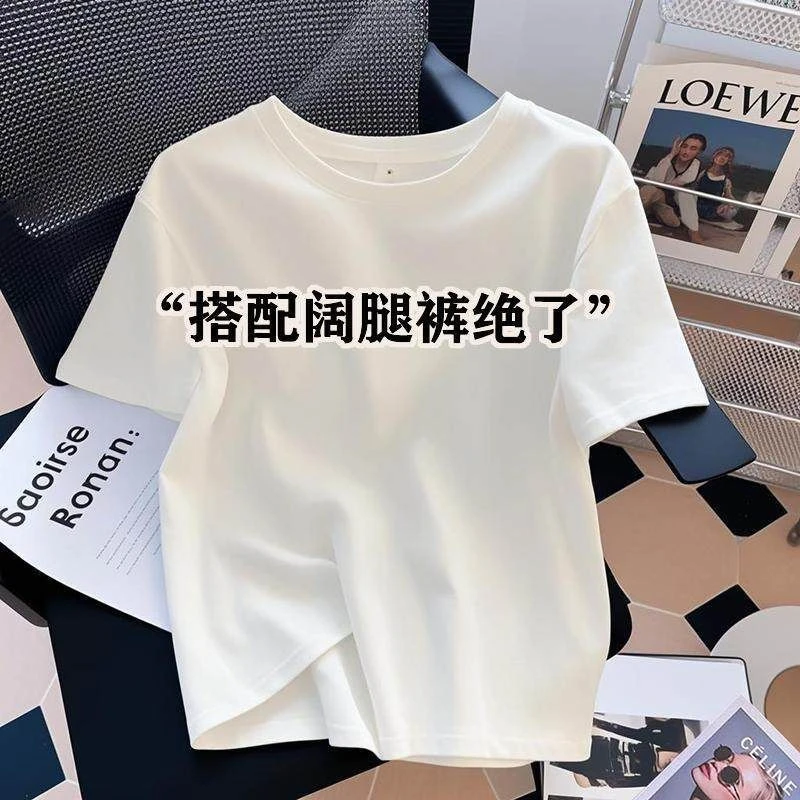 纯棉通勤休闲风短袖圆领白色字母T恤宽松阔腿裤半袖t恤大码显瘦