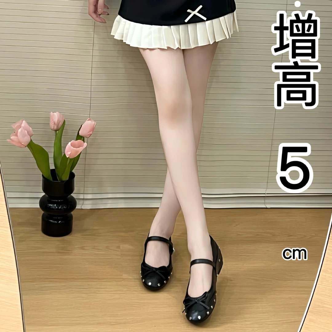 小个子黑色内增高女鞋法式铆钉蝴蝶结玛丽珍鞋夏天穿裙子专用鞋子