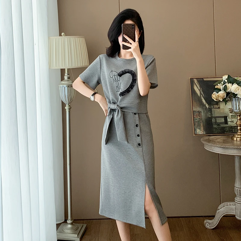 休闲时尚灰色套装短袖上衣半裙显瘦气质韩版修身夏季开叉小个子