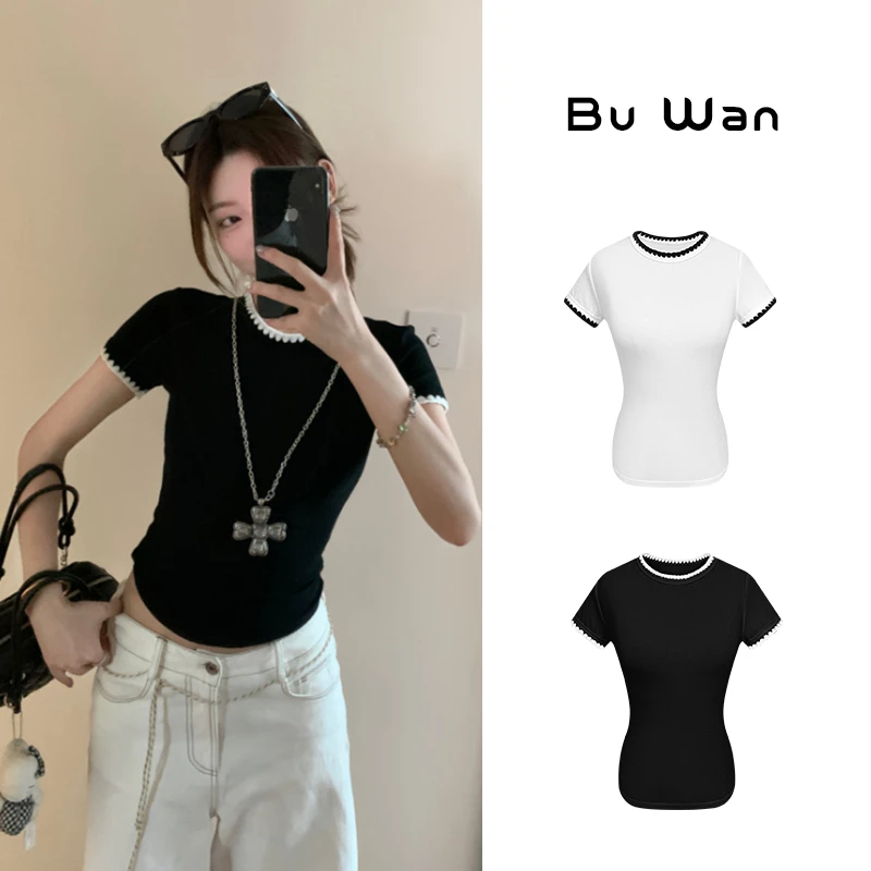 正肩修身T恤撞色刺绣上衣短袖小众女夏A3656