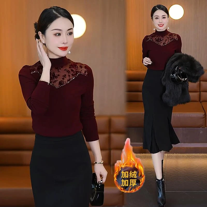 半高领打底衫女2025冬季新款设计感蕾丝拼接钉珠加绒保暖洋气上衣
