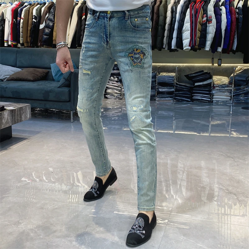 【也许家】新品男士夏季时尚印花修身弹力牛仔裤烫钻小脚裤TH5252