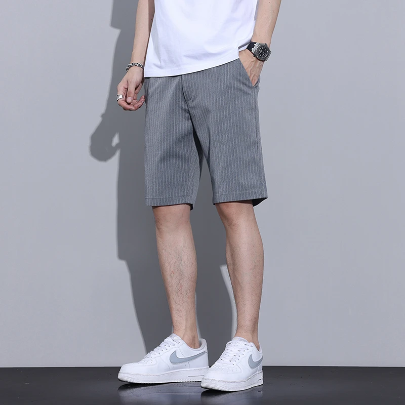 夏季条纹男士休闲短裤百搭宽松弹力腰英伦五分裤