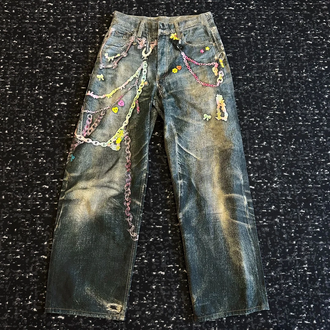 【小鹿专属】2025潮流夏季复古缤纷糖果牛仔长裤设计长裤【25700】