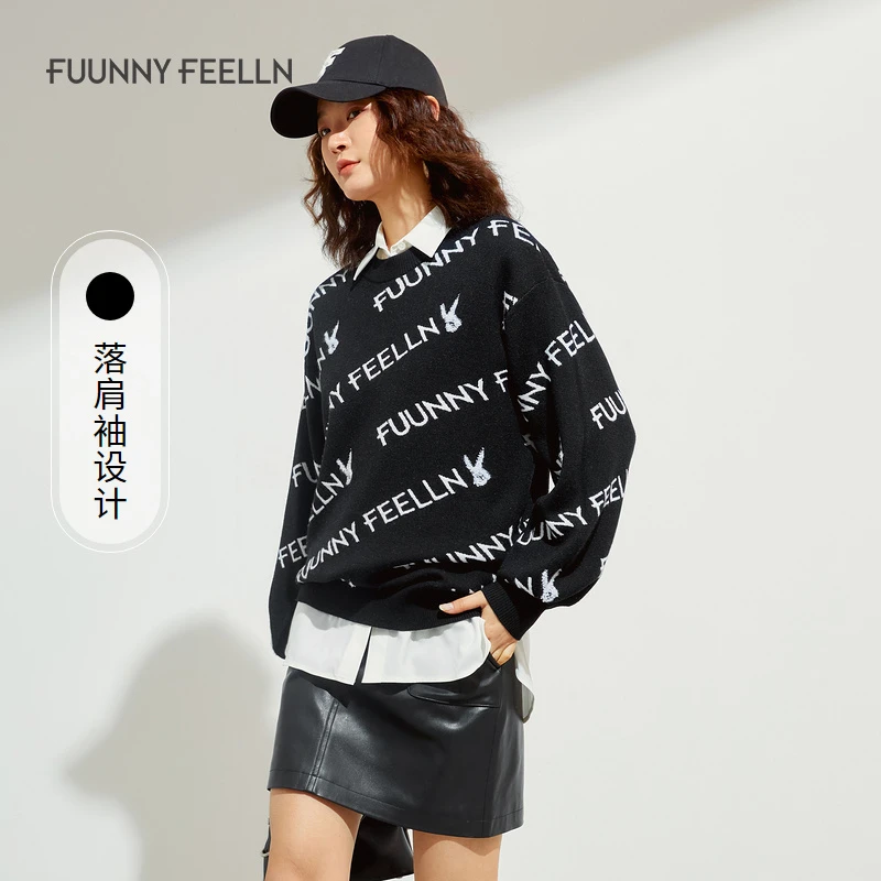 商场同款FF||佛23年秋卫衣女外套黑色针织衫套头宽松潮FZ00938休