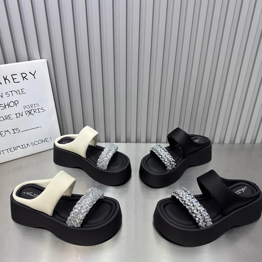 【芙俪兰】夏季新款水钻百搭一字型厚底拖鞋增高显瘦凉拖鞋女鞋