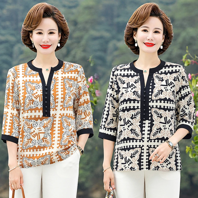 母亲节妈妈雪纺夏装新中式洋气七分袖春装T恤中老年人女印花衣服