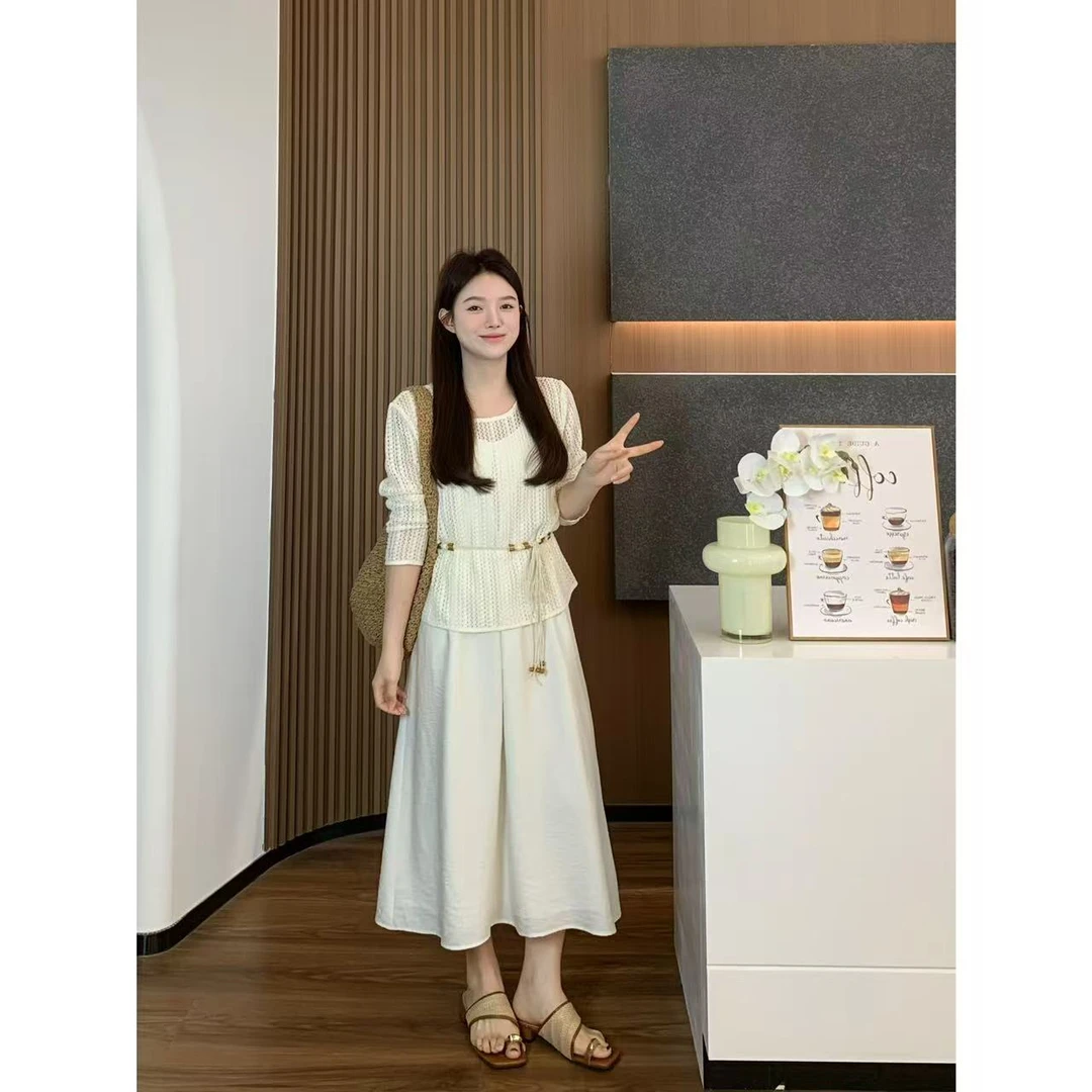 小羽酱小个子定制夏季法式气质镂空针织长袖罩衫＋吊带连衣裙套装