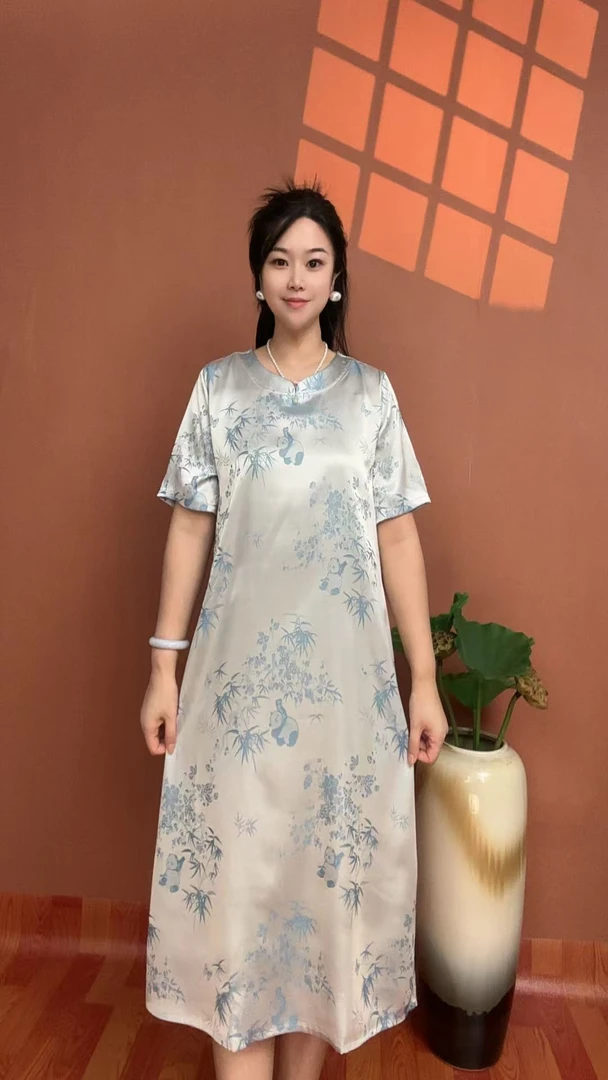 （蓝熊猫竹叶）气质洋气时尚显瘦短袖优雅宽松中长款连衣裙