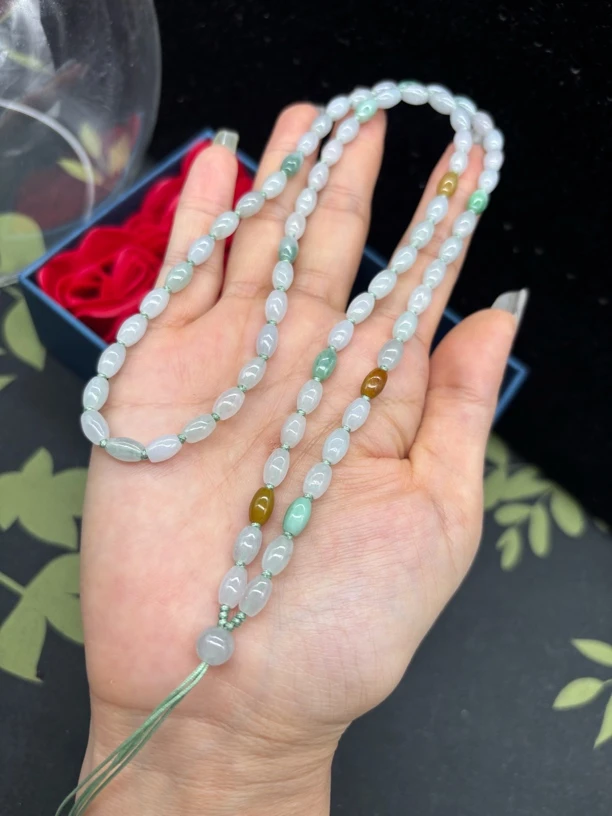 天然缅甸翡翠a货冰种春彩米珠5mm黄翡全绿玉石珠链挂件绳长链编织